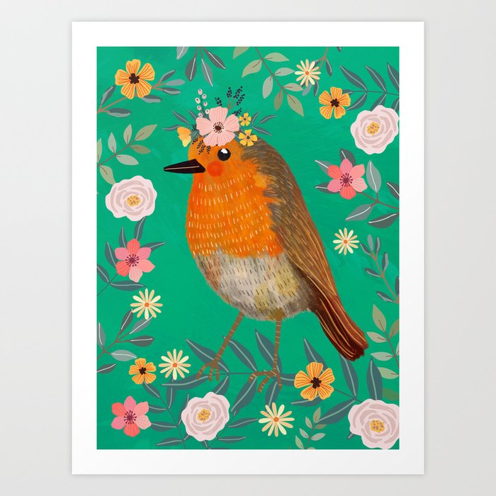 Robin Bird with flowers Art Print