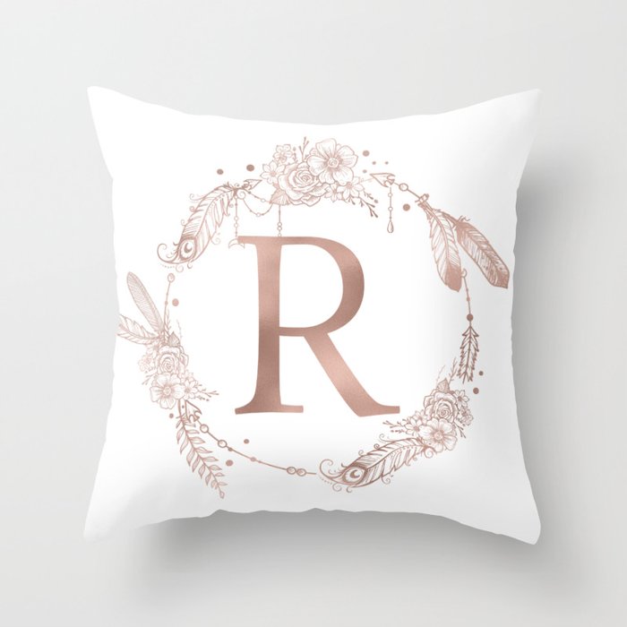 Letter R Rose Gold Pink Initial Monogram Throw Pillow