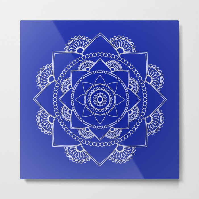 Mandala 01 - White on Royal Blue Metal Print