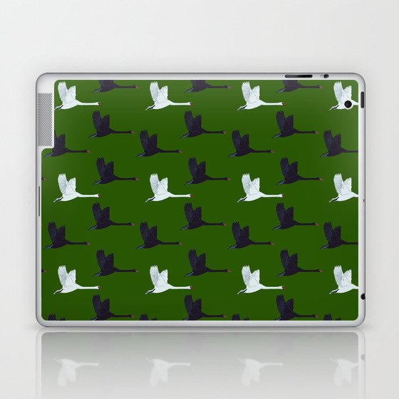 Flying Elegant Swan Pattern on Green Background Laptop & iPad Skin