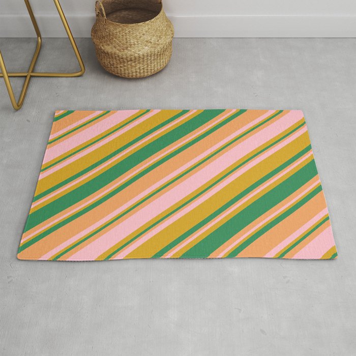 Goldenrod, Sea Green, Brown, and Pink Colored Striped/Lined Pattern Rug