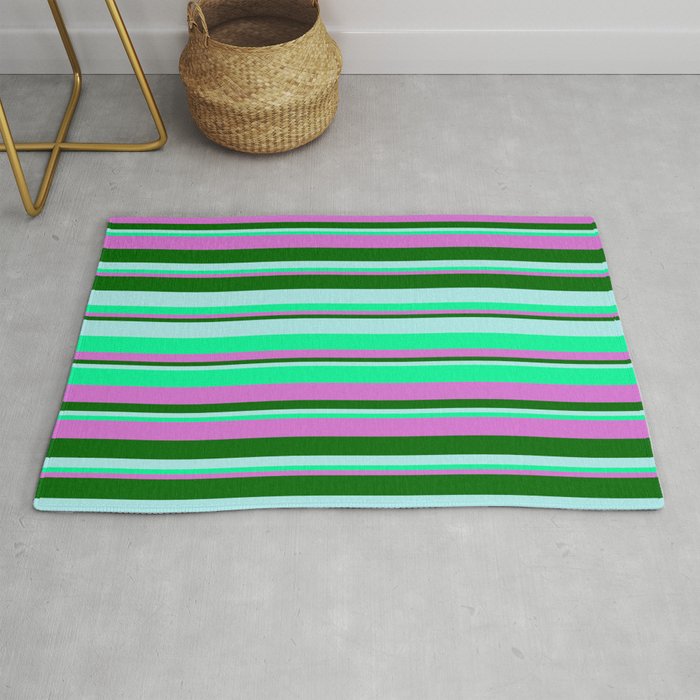 Turquoise, Green, Orchid & Dark Green Colored Striped/Lined Pattern Rug