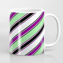 [ Thumbnail: Light Green, Purple, Mint Cream & Black Colored Lines Pattern Coffee Mug ]