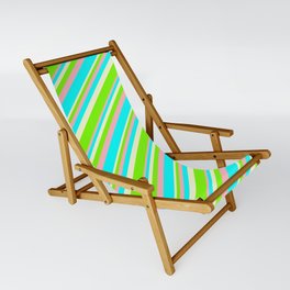 [ Thumbnail: Light Yellow, Green, Light Pink, and Cyan Colored Striped/Lined Pattern Sling Chair ]