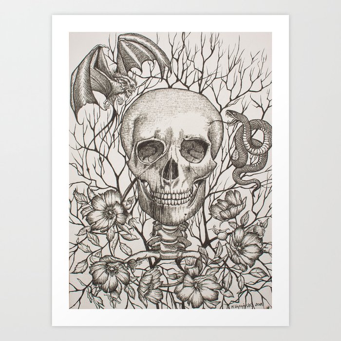 Skull with Snake and Gargoyle Sketch Art Print