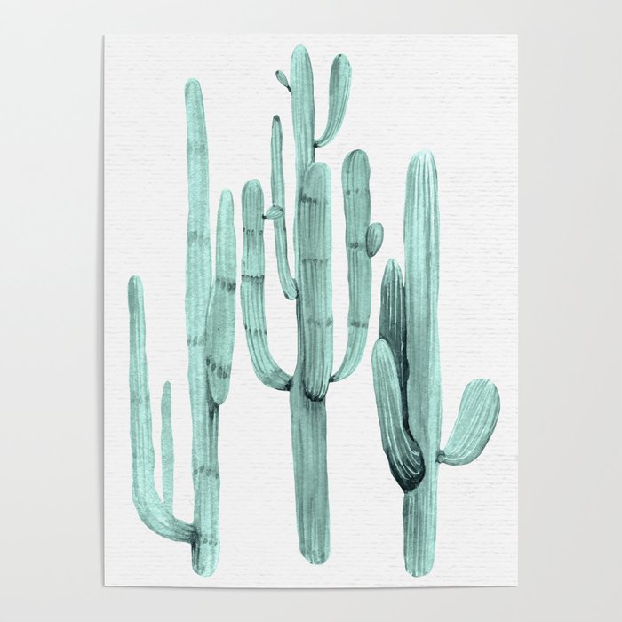 Turquoise Cactus Watercolor Painting Poster