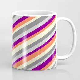 [ Thumbnail: Colorful Light Yellow, Gray, Light Gray, Purple & Coral Colored Lines/Stripes Pattern Coffee Mug ]