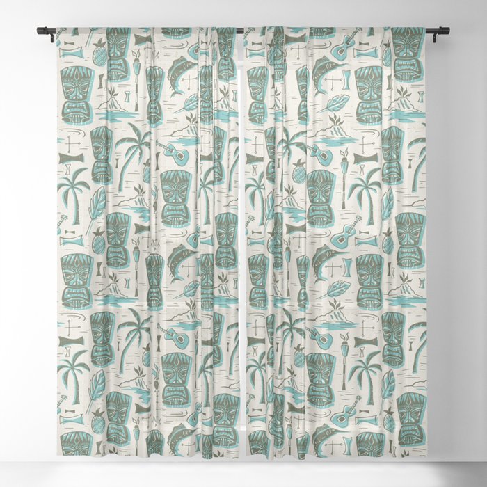 Tropical Tiki - Cream & Aqua Sheer Curtain
