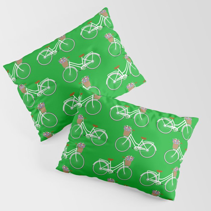 Bicycle with flower basket on green Pillow Sham