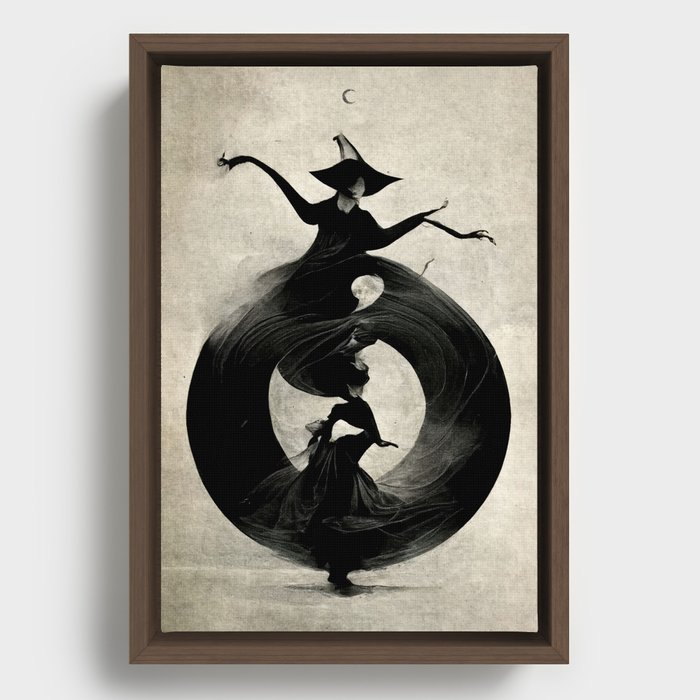 Witch Women Dancing Black And White Vintage Art Print Framed Canvas