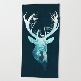 Deer Blue Winter Beach Towel