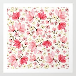 Watercolor pink flowers pattern Art Print