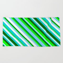 [ Thumbnail: Lime, Light Sky Blue, Mint Cream, Dark Turquoise & Dark Green Colored Lines/Stripes Pattern Beach Towel ]