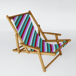 [ Thumbnail: Eyecatching Orchid, Turquoise, Dark Slate Gray, Light Sea Green & Maroon Colored Stripes Pattern Sling Chair ]