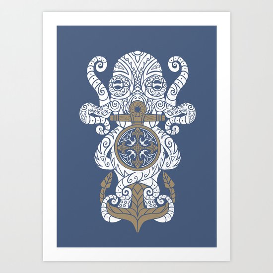 Octopus anchor and compass in tribal style Art Print
