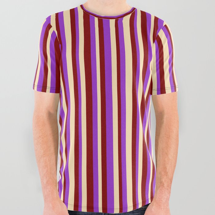 Maroon, Dark Orchid, and Beige Colored Striped/Lined Pattern All Over Graphic Tee