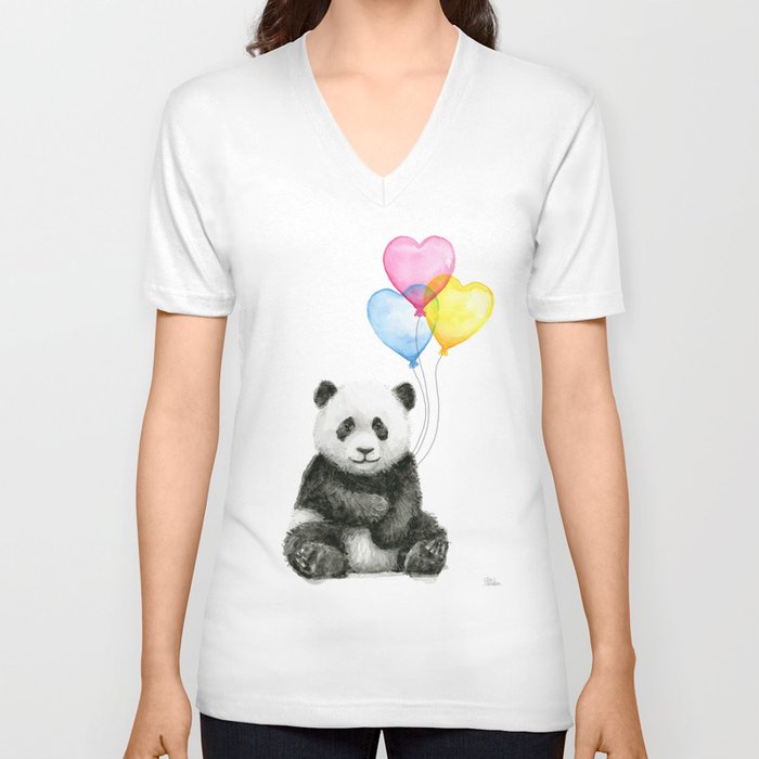 Panda Baby with Heart-Shaped Balloons Whimsical Animals Nursery Decor V Neck T Shirt