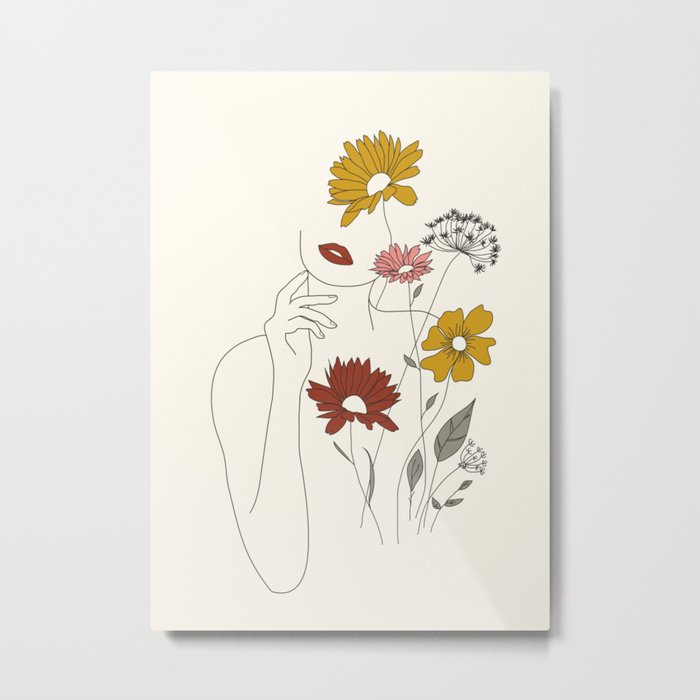 Colorful Thoughts Minimal Line Art Woman with Flowers III Metal Print