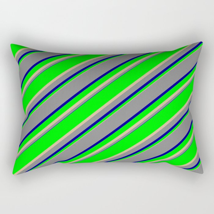 Lime, Tan, Grey & Dark Blue Colored Lined/Striped Pattern Rectangular Pillow