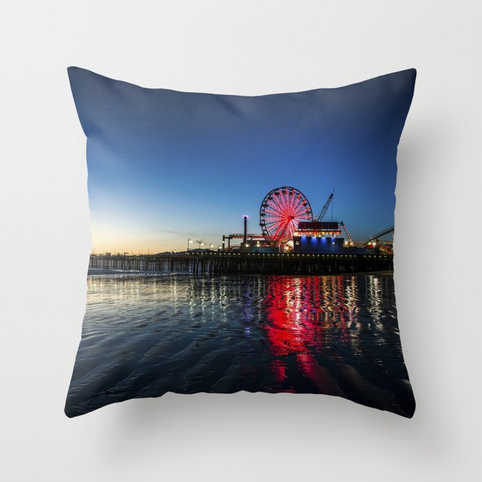 Santa Monica pier at twilight, ferris wheel, rollercoaster, and neon lights California color photograph / photography Throw Pillow