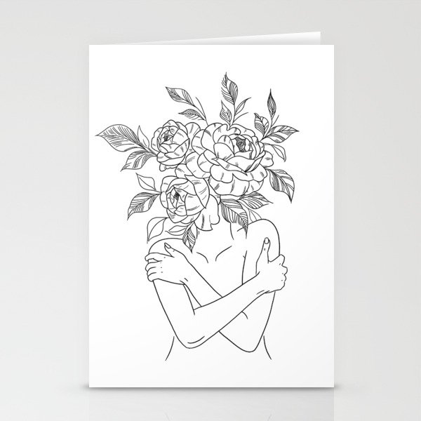 Woman with peonies line art Stationery Cards