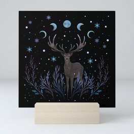 Deer in Winter Night Forest Mini Art Print