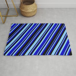 [ Thumbnail: Light Sky Blue, Blue & Black Colored Stripes/Lines Pattern Rug ]