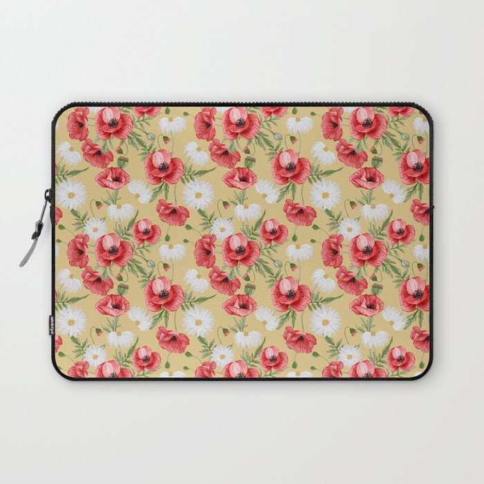 Daisy and Poppy Seamless Pattern on Beige Background Laptop Sleeve