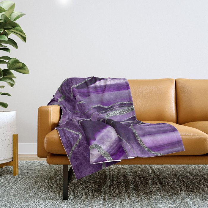 Purple Marble Agate Silver Glitter Glam #1 (Faux Glitter) #decor #art #society6 Throw Blanket