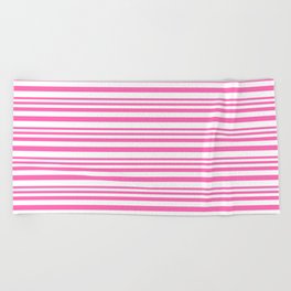 [ Thumbnail: Hot Pink and White Colored Lined/Striped Pattern Beach Towel ]