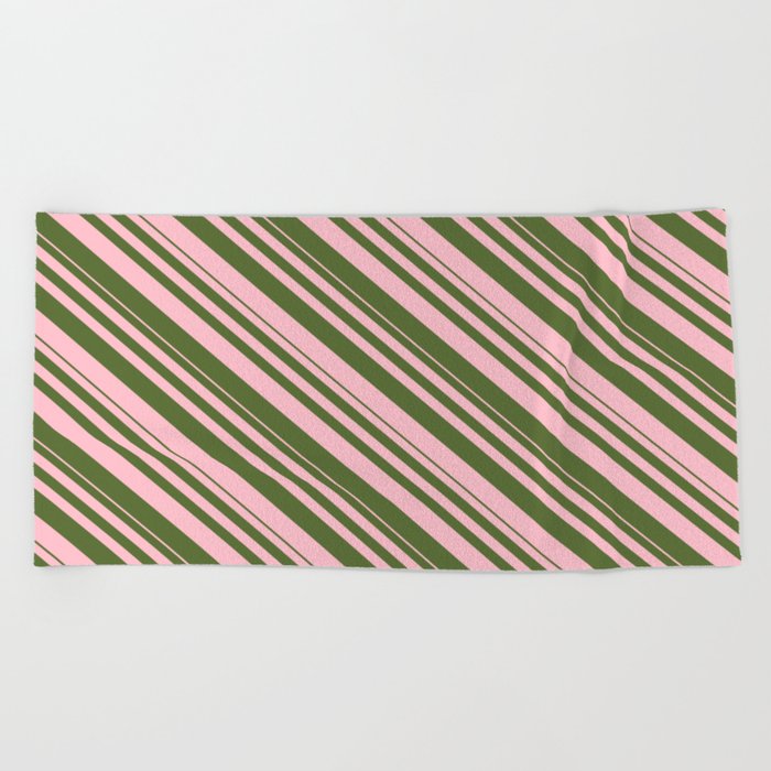 Pink and Dark Olive Green Colored Lines/Stripes Pattern Beach Towel