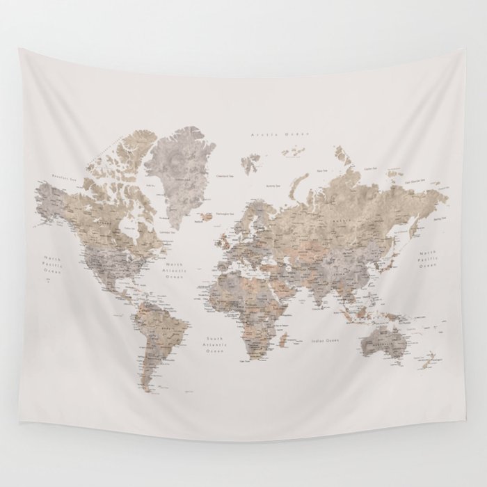 World map with cities in brown and light gray Wall Tapestry