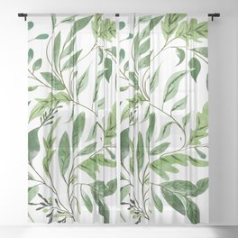 Botanical Abundance, Fresh Green Nature Watercolor Painting, Vibrant Leaves Minimal Illustration Sheer Curtain