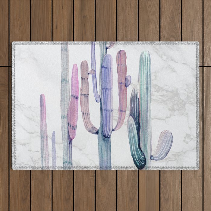 Unicorn Marble Cactus Watercolor Painting Outdoor Rug