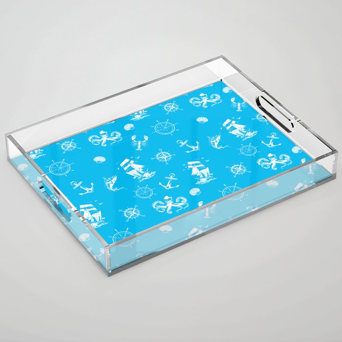  Turquoise And White Silhouettes Of Vintage Nautical Pattern Acrylic Tray