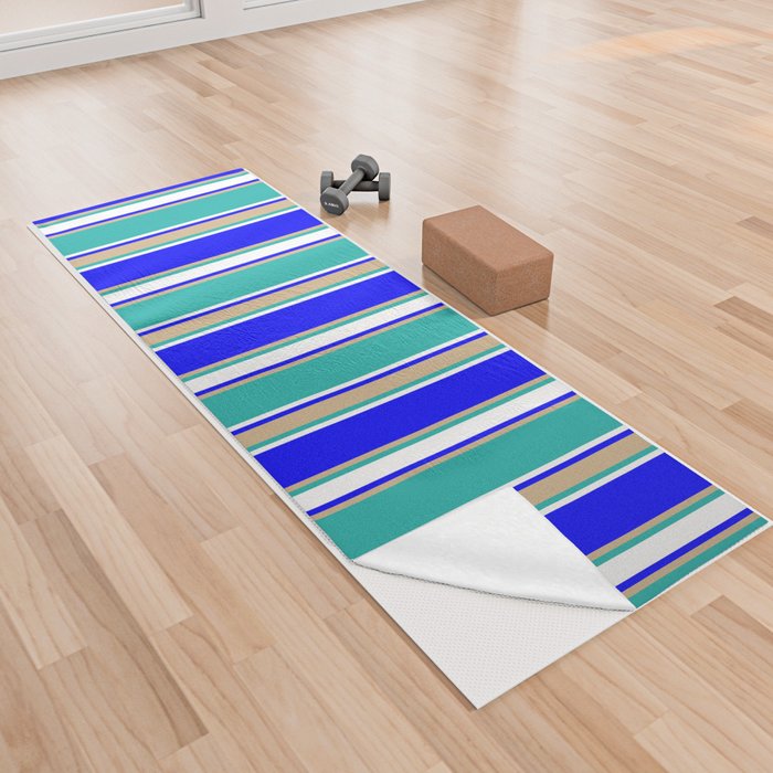 Blue, Tan, Light Sea Green, and White Colored Striped Pattern Yoga Towel