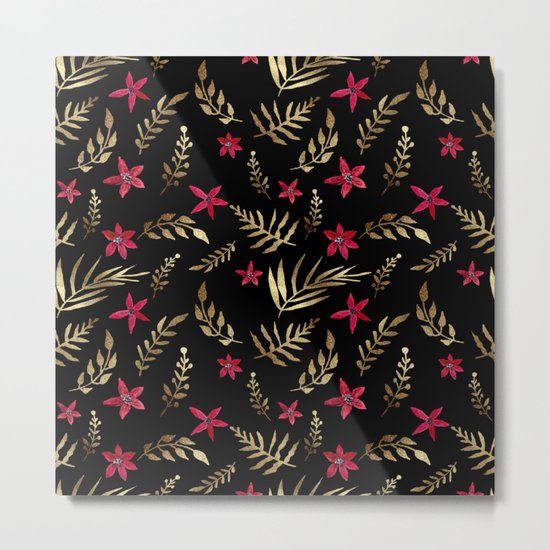 Golden palm tropical glitter leaves and red flowers on black Metal Print