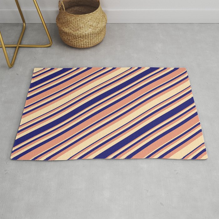 Dark Salmon, Beige, and Midnight Blue Colored Pattern of Stripes Rug