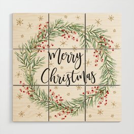 Merry Christmas wreath with red berries Wood Wall Art