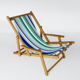 [ Thumbnail: Eye-catching Powder Blue, Dark Gray, Blue, Sea Green & Mint Cream Colored Striped Pattern Sling Chair ]