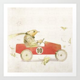 Bird runner Art Print | Watercolor, Car, Red, Baby, Child, Vintage, Bird, Painting, Childrenillustration, Toy 