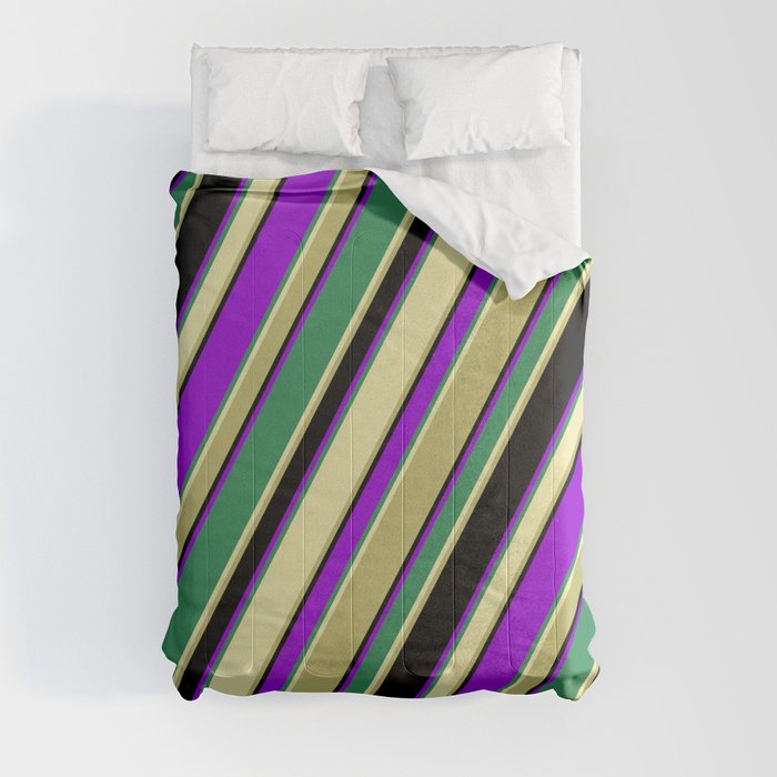Colorful Sea Green, Pale Goldenrod, Dark Khaki, Black & Dark Violet Colored Lined Pattern Comforter