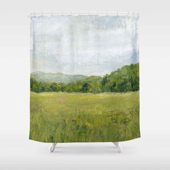 Vermont Landscape Mountain Fields Trees Pastures Oil Painting Shower Curtain