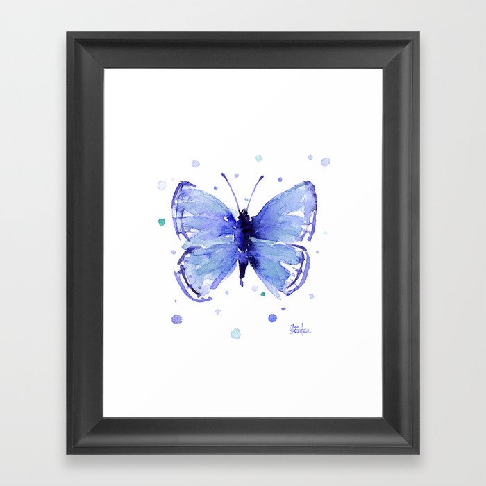 Dark Blue Butterfly Watercolor Framed Art Print