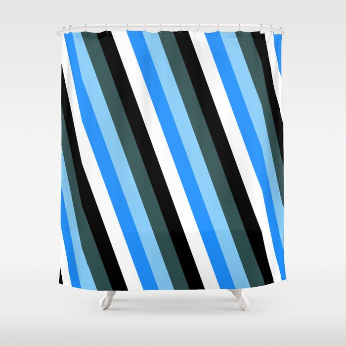 Dark Slate Gray, Light Sky Blue, Blue, White, and Black Colored Lines Pattern Shower Curtain