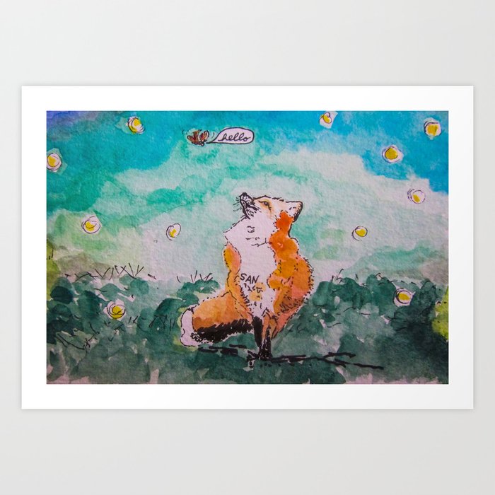 The Fox and the Sphinx Moth Watercolor Art Print