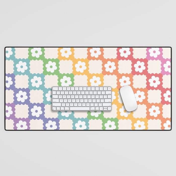 Rainbow Pride Colorful Checkered Flower Pattern Desk Mat