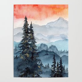 Indigo Forest with red sky  Poster