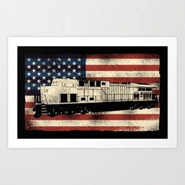 Train Locomotive Diesel Train American Flag American Flag Vintage Art Print | Railroad, Railway, Train, Locomotive, Freighttrain, Trainengineer, Traintrack, Modelrailroad, Modeltrain, Graphicdesign 