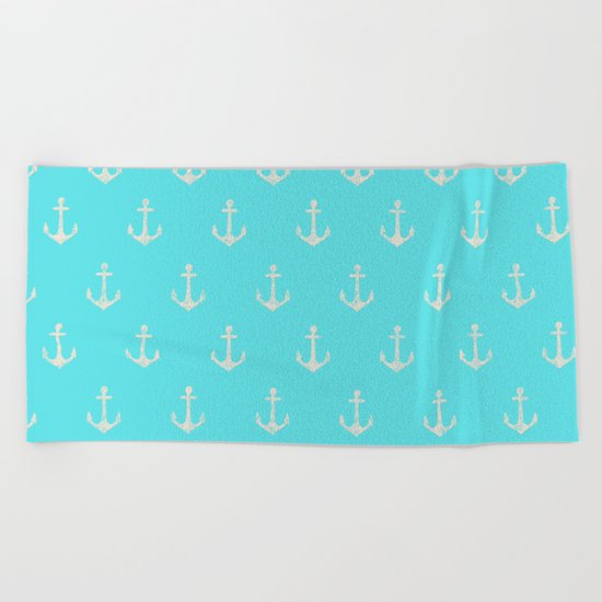 Maritime Aqua and White Anchor Pattern on #Society6 Beach Towel